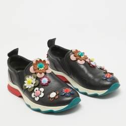 Fendi Black Leather Flowerland Slip On Sneakers Size 38