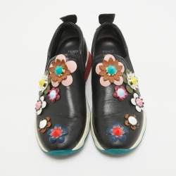 Fendi Black Leather Flowerland Slip On Sneakers Size 38