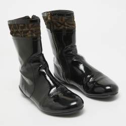 Fendi Black Patent Leather and Zucca Canvas Mid Calf Boots Size 41