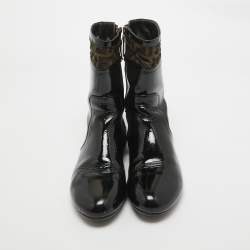 Fendi Black Patent Leather and Zucca Canvas Mid Calf Boots Size 41