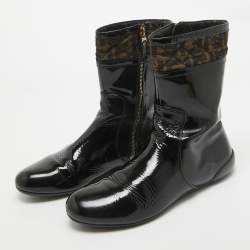 Fendi Black Patent Leather and Zucca Canvas Mid Calf Boots Size 41