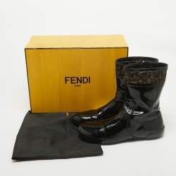 Fendi Black Patent Leather and Zucca Canvas Mid Calf Boots Size 41