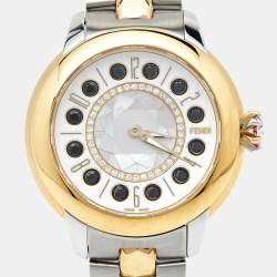Pre Owned Fendi Mother of Pearl Diamond Topaz Two-Tone Stainless Steel IShine F121124500T01 Women's Wristwatch 33.50 mm