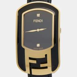 Pre Owned Fendi Black Diamond Gold Plated Stainless Steel Leather Chameleon 30000M Women's Wristwatch 29 mm