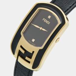 Pre Owned Fendi Black Diamond Gold Plated Stainless Steel Leather Chameleon 30000M Women's Wristwatch 29 mm