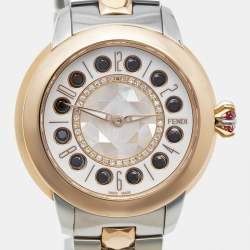 Pre Owned Fendi Mother of Pearl Diamond Spinel Topaz Two-Tone Stainless Steel IShine F121224500D2T01 Women's Wristwatch 33.50 mm