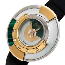 Pre Owned Fendi Mother Of Pearl Malachite Two Tone Stainless Steel Diamond Leather Policromia 51100S Women's Wristwatch 33 mm