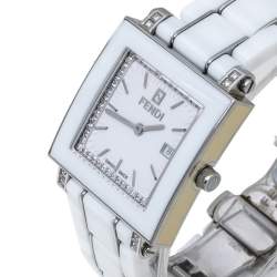 Pre Owned Fendi White Ceramic Stainless Steel Diamond Quadro 6200G Women's Wristwatch 30 mm