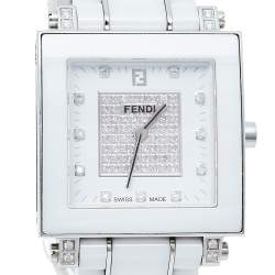 Pre Owned Fendi White Ceramic And Stainless Steel Diamonds Quadro 6200G Women's Wristwatch 30 mm