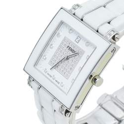 Pre Owned Fendi White Ceramic And Stainless Steel Diamonds Quadro 6200G Women's Wristwatch 30 mm