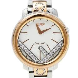 Pre Owned Fendi White Two-Tone Stainless Steel Diamonds Runaway 71000S Women's Wristwatch 28 mm
