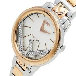 Pre Owned Fendi White Two-Tone Stainless Steel Diamonds Runaway 71000S Women's Wristwatch 28 mm