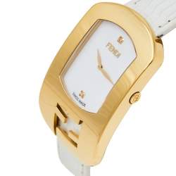 Pre Owned Fendi White Yellow Gold Plated Stainless Steel Leather Chameleon 30000M Women's Wristwatch 29 mm 