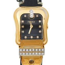 Pre Owned Fendi Black Gold Tone Stainless Steel Leather 3800L Women's Wristwatch 23 mm