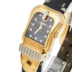 Pre Owned Fendi Black Gold Tone Stainless Steel Leather 3800L Women's Wristwatch 23 mm