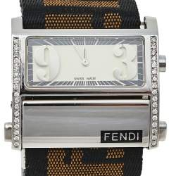 مملوكة مسبقًا Fendi Cream Stainless Steel and Canvas Diamond Zip Code 1120L Women's Wristwatch 38 mm