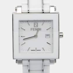 Pre Owned Fendi White Ceramic Stainless Steel Quadro 6200G Unisex Wristwatch 30 mm