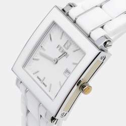 Pre Owned Fendi White Ceramic Stainless Steel Quadro 6200G Unisex Wristwatch 30 mm