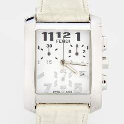 Pre Owned Fendi White Stainless Steel Leather Chronograph Orologi 7500G Women's Wristwatch 32 mm