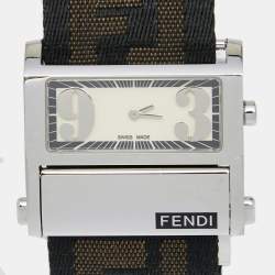 Pre Owned Fendi Cream Stainless Steel Fabric Zip Code 1120L Women's Wristwatch 38 mm