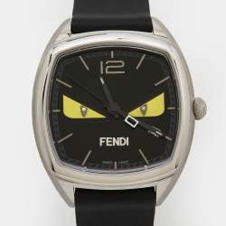 Pre Owned Fendi Black Diamond Stainless Steel Calfskin Memento Bugs Eye 22000M Women's Wristwatch 32 mm