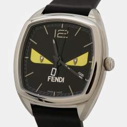 Pre Owned Fendi Black Diamond Stainless Steel Calfskin Memento Bugs Eye 22000M Women's Wristwatch 32 mm