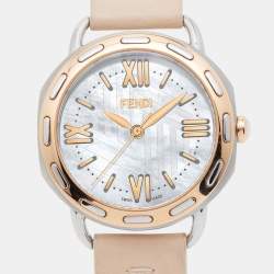 Pre Owned Fendi Mother of Pearl Two Tone Stainless Steel Selleria Leather 80200M Women's Wristwatch 36 mm