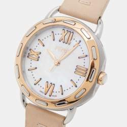 Pre Owned Fendi Mother of Pearl Two Tone Stainless Steel Selleria Leather 80200M Women's Wristwatch 36 mm