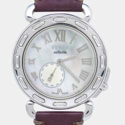 Pre Owned Fendi Mother of Pearl Leather Stainless Steel Selleria 8100M Women's Wristwatch 37 mm 