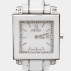 Pre Owned Fendi White Ceramic Diamonds Stainless Steel Quadro 6200G Women's Wristwatch 30 mm