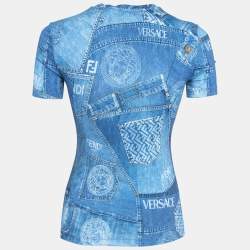 Fendi x Versace Blue Denim Print Logo Embellished Jersey T-Shirt M