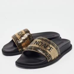 Fendi X Versace Gold Metal and Rubber Flat Slides Size 35