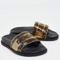 Fendi X Versace Gold Metal and Rubber Flat Slides Size 35