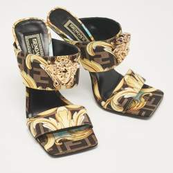 Fendi x Versace Black/Yellow Baroque Fabric Medusa Slide Sandals Size 36.5