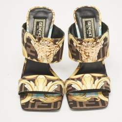 Fendi x Versace Black/Yellow Baroque Fabric Medusa Slide Sandals Size 36.5