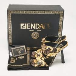 Fendi x Versace Black/Yellow Baroque Fabric Medusa Slide Sandals Size 36.5