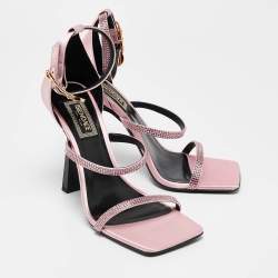 Fendi x Versace Pink Satin Crystal Embellished Ankle Strap Sandals Size 37.5