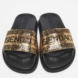 Fendi x Versace Gold/Black Metal Mesh Pool Slides Size 39