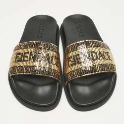 Pre Owned Fendi x Versace Gold/Black Metal Mesh Pool Slides Size 38