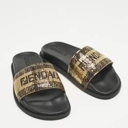 Pre Owned Fendi x Versace Gold/Black Metal Mesh Pool Slides Size 38