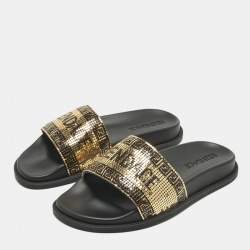 Pre Owned Fendi x Versace Gold/Black Metal Mesh Pool Slides Size 38