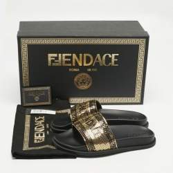 Pre Owned Fendi x Versace Gold/Black Metal Mesh Pool Slides Size 38