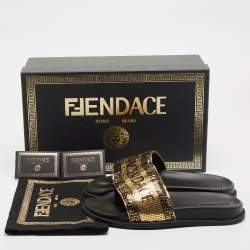 Pre Owned Fendi x Versace Gold Metal and Rubber Flat Slides Size 41