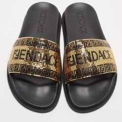 Pre Owned Fendi x Versace Gold Metal and Rubber Flat Slides Size 41