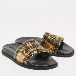 Pre Owned Fendi x Versace Gold Metal and Rubber Flat Slides Size 41