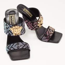 Fendi x Versace Multicolor Leather Crystal Embellished Slides Size 39 