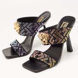 Fendi x Versace Multicolor Leather Crystal Embellished Slides Size 39 