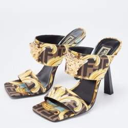 Fendi x Versace Yellow/Black Canvas Medusa Slides Size 38 