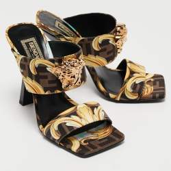 Fendi x Versace Black/Yellow Zucca Canvas Medusa Logo Slide Sandals Size 37