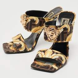 Fendi x Versace Black/Yellow Zucca Canvas Medusa Logo Slide Sandals Size 37